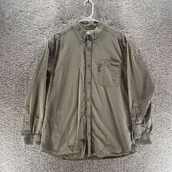 Columbia Shirt Adult Large Gren Tan Plaid Long Sleeve Button Up Hiking Mens Logo - Picture 1 of 10